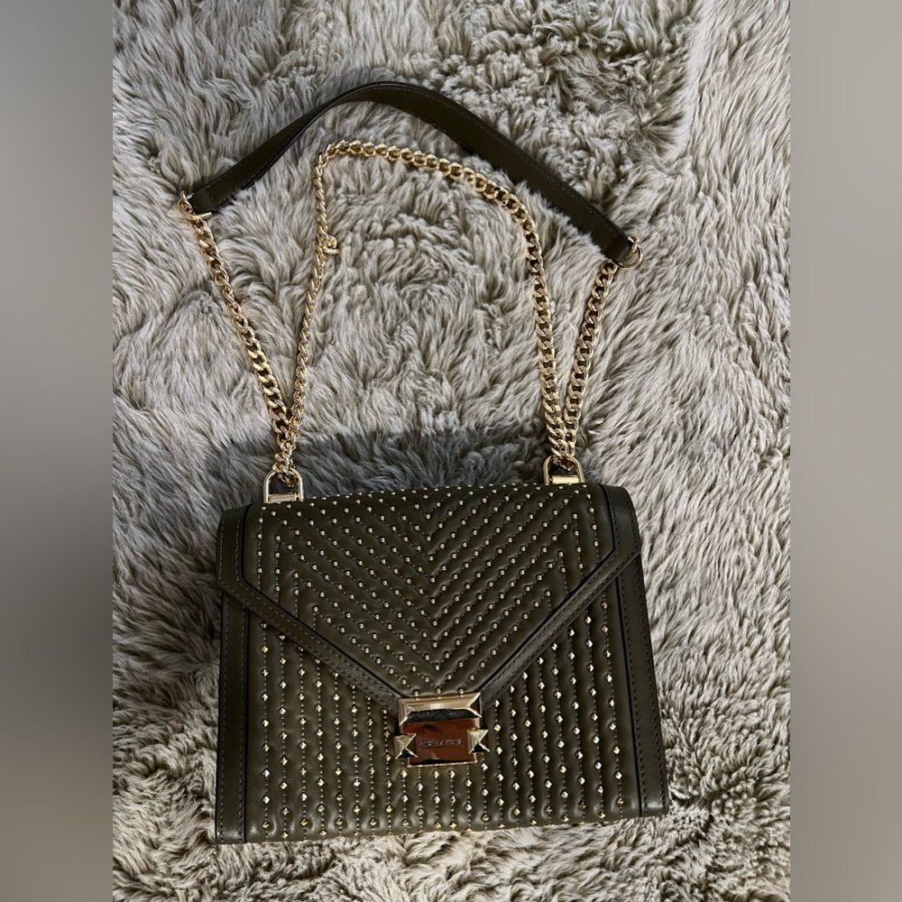 NEW Michael Kors Dark Olive Green Gold Studded Crossbody Shoulder Bag